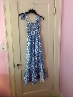 Blue and White Printed Tie-Strap Summer Maxi Dress